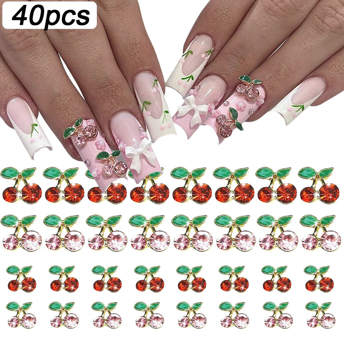 Nail Art Red Cherry - 40 pièces de décorations 3D brillantes