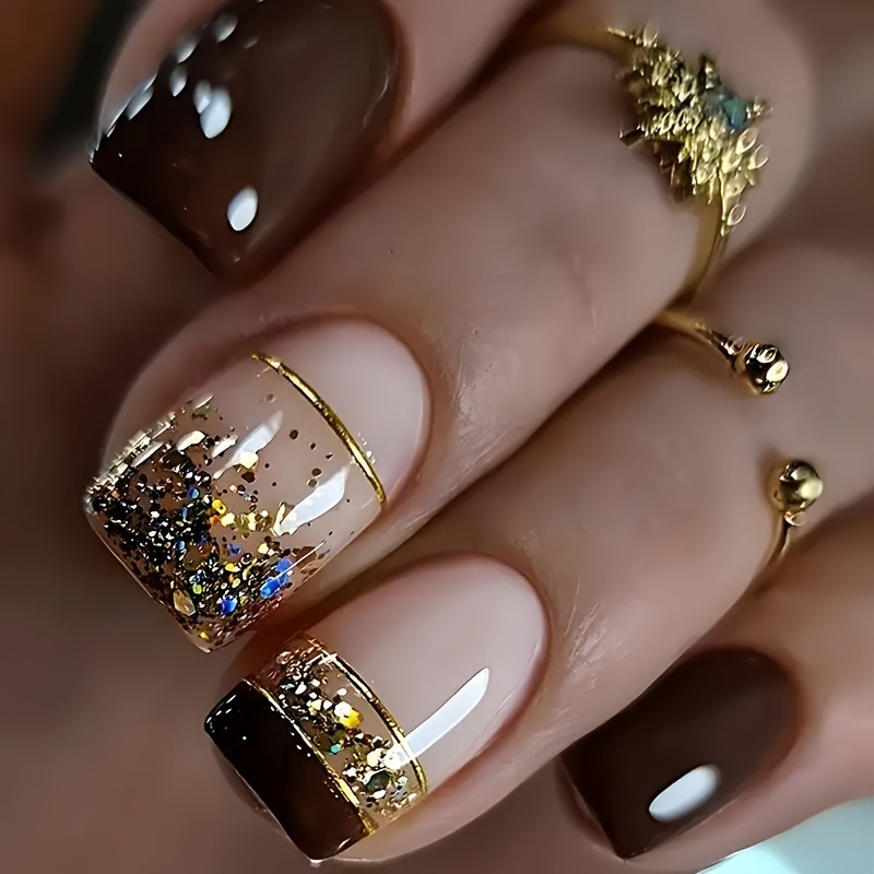 Nail Art Glossy - Faux ongles carrés courts pour femmes,