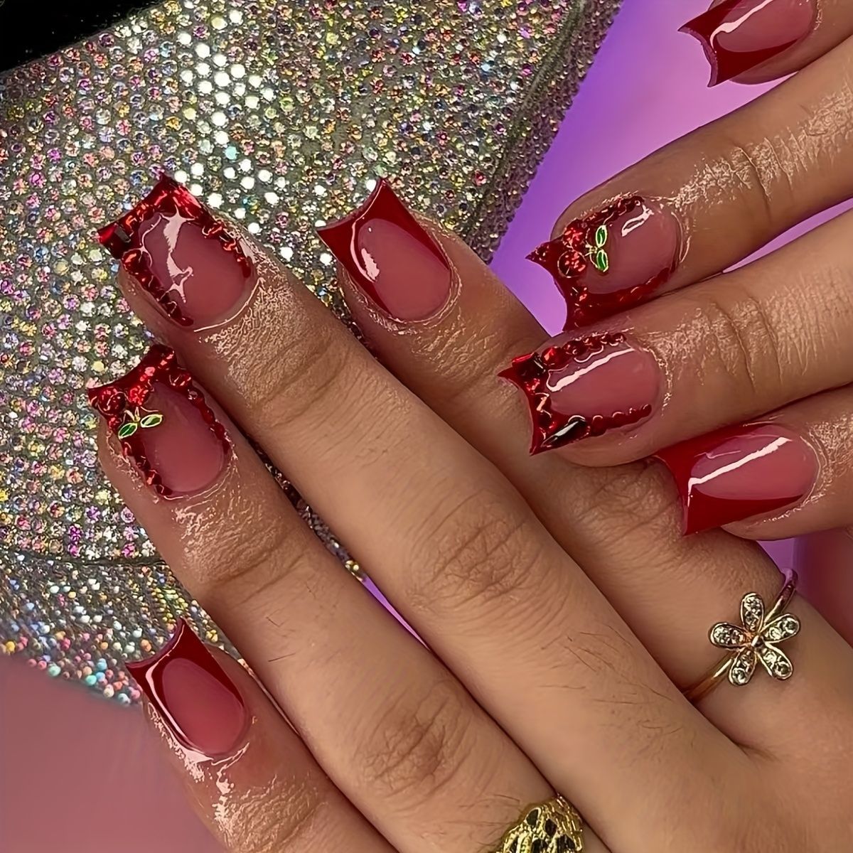 Nail Art Red Cherry - 24 pièces fini faux ongles français